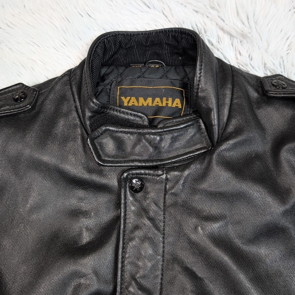 Vintage Yamaha Jacket Mens 38 Black Leather Softshell Moto Elbow Padded Zip Up - Picture 11 of 16